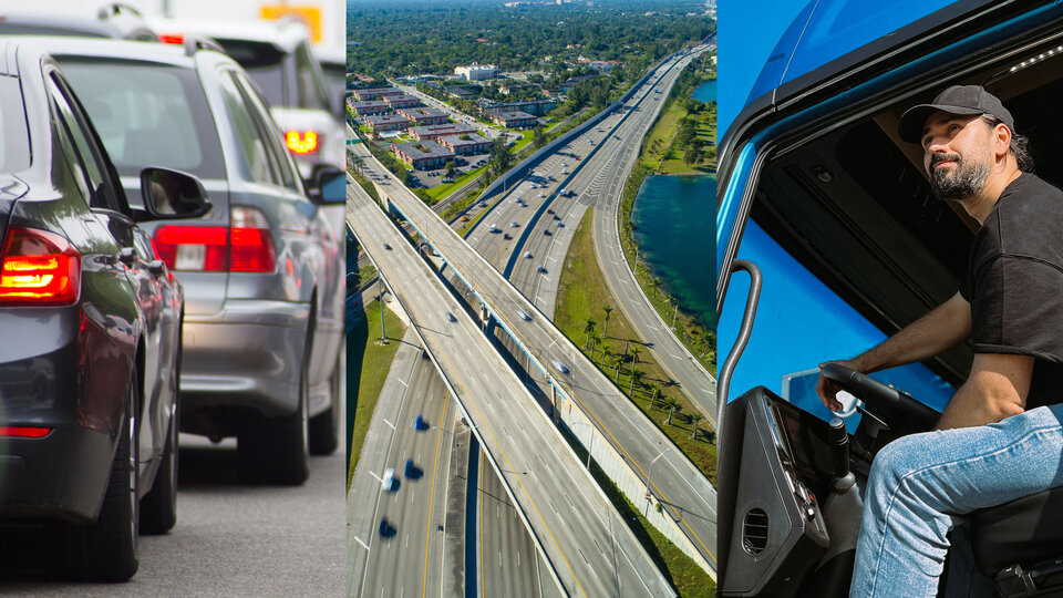 Hero image with cars, aerial shot of a highway, and a driver sitting in a truck